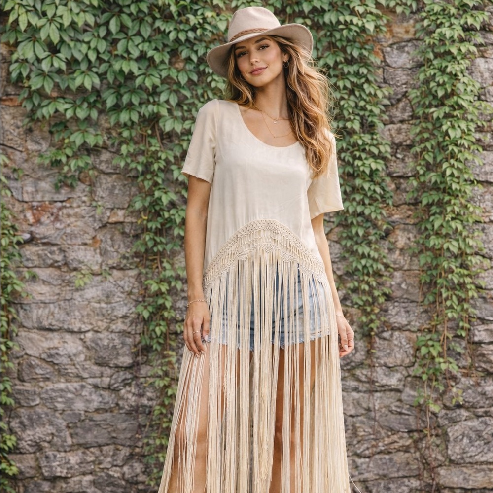 NWT TRYB Festival Style Taupe Silk Fringed Short Sleeve Blouse, XS - Picture 2 of 15